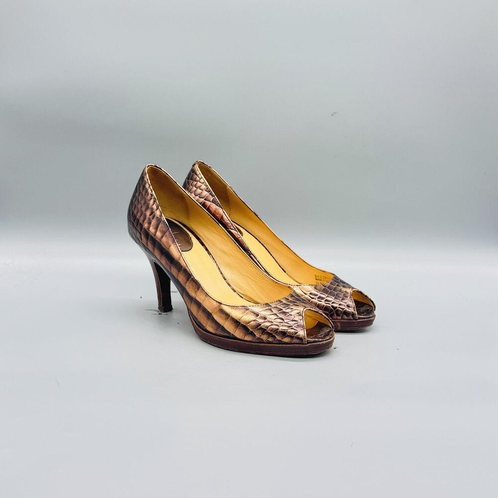 Cole Haan Shoes Womens 6 Brown Snake Embossed Leather Peep Toe Vintage Pumps - Picture 2 of 11